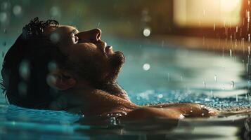 ein Mann genießen das Wärme und Entspannung von ein heiß Sauna Session gefolgt durch ein kalt stürzen im ein in der Nähe Schwimmbad foto