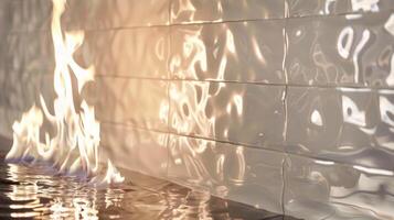 das Flammen von das Kamin reflektieren aus das glänzend Weiß Fliesen Erstellen ein faszinierend und zauberhaft Anzeige. 2d eben Karikatur foto