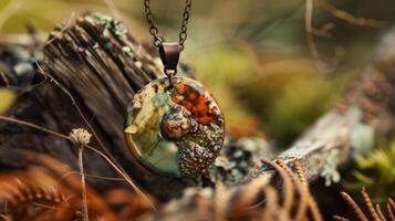ein Keramik Anhänger Halskette mit ein Reich erdig Farbe Palette mit natürlich Elemente und Texturen inspiriert durch Natur. foto