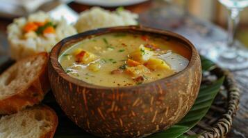 herrlich mit Kokosnuss angereichert Suppe serviert im ein geschnitzt aus Banane Blatt Schüssel ergänzt durch ein Seite von frisch gebacken Brot foto