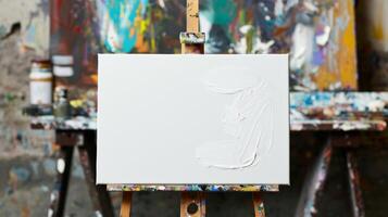 ein makellos Weiß Segeltuch gestützt auf ein Staffelei warten zu Sein geschmückt mit das feinste Acryl Farben foto