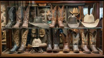 ein Anzeige Fall Vitrinen das Finale Produkte schön gefertigt Stiefel Hüte Sättel und andere Cowboy Ausrüstung foto