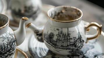 ein Märcheninspiriert Porzellan Tee einstellen mit graviert Bilder von Schlösser und mythisch Kreaturen. foto