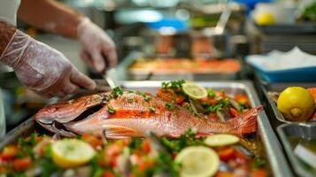 das erfahren Koch vorsichtig bereitet vor ein Teller von frisch gefangen Fisch mit nur das feinste und die meisten aromatisch Zutaten gefunden im das Umgebung Bereich foto