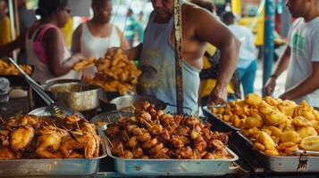 Innerhalb ein geschäftig openair Markt das Essen Kritik Stichprobe ein Vielfalt von Straße Essen einschließlich gebraten Kochbananen Trottel Hähnchen und Muschel Krapfen. Sie diskutieren das Authentizität und ines foto