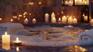 ein luxuriös Badewanne gefüllt mit Luftblasen und umgeben durch ein Ring von Kerzen von variieren Größen. das Flammen tanzen und abspielen im das Wasser Gießen faszinierend Schatten auf das 2d eben Karikatur foto