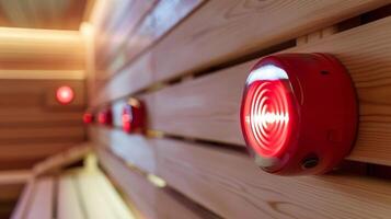 ein Feuer Alarm System Eingerichtet im das Sauna zu schnell warnen Benutzer im Fall von ein Feuer. foto