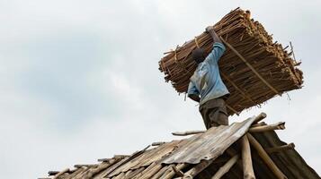 ein Arbeiter Tragen ein schwer bündeln von Überdachung Material oben das Leiter zu ihr Mitarbeiter auf das Dach foto