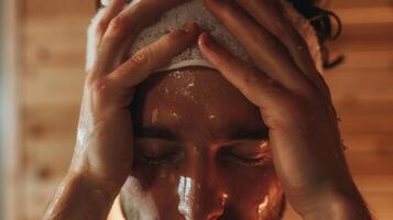 ein Person mit ein kalt komprimieren auf ihr Stirn im das Sauna Portion zu bringen Nieder ihr Körper Temperatur und bereiten zum schlafen. foto