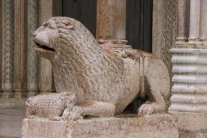 skulptur des löwen mit beten vor dem duomo in modena, italien foto