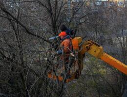dnepr, Ukraine - - 20.03.2024 kommunale Bedienung Arbeitskräfte Stand mit ein Kettensäge im ein Kran Korb und trimmen gefährlich Bäume. foto