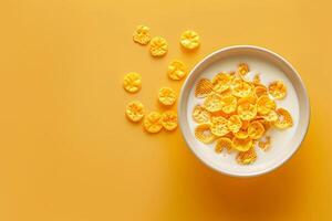 Overhead Aussicht von ein Schüssel von Milch mit Getreide, einstellen gegen ein sanft Orange Gradient Hintergrund, Morgen Thema foto