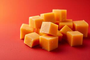 Würfel von Pfeffer Jack Käse auf ein feurig rot zu Orange Gradient Hintergrund, betonen das Würze von das Käse foto
