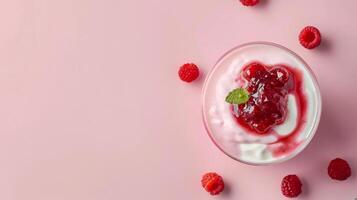 Joghurt mit Marmelade zum Frühstück mit reichlich Kopieren Raum auf Pastell- Hintergrund foto