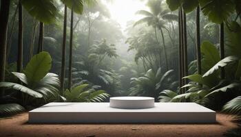 Podium zum Produkt Design gegen das Hintergrund von ein tropisch Wald foto