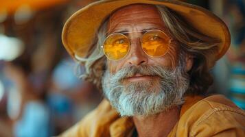 stilvoll Senior Mann mit Bart tragen Gelb Hut und Brille posieren beiläufig foto