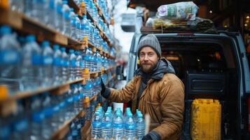 Lieferung Mann durch Ladung van verteilen Wasser Flaschen foto