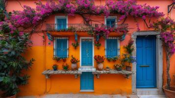 bunt Mittelmeer Haus mit beschwingt Blumen im Lefkada foto