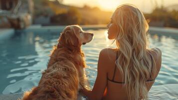 blond Frau und ihr golden Retriever genießen Sonnenuntergang durch das Schwimmbad foto