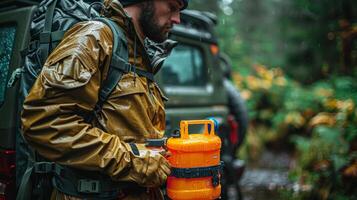 Mann im Militär- Jacke Gießen Benzin im üppig Wald foto