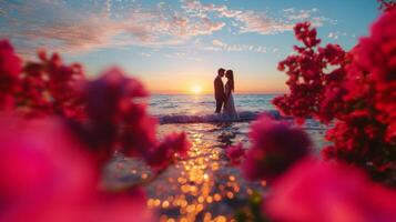 romantisch Braut und Bräutigam Umarmen durch das Ozean beim Sonnenuntergang foto