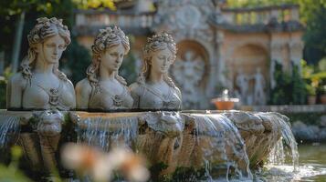 elegant Skulpturen beim ein historisch Brunnen im sonnendurchflutet Garten foto