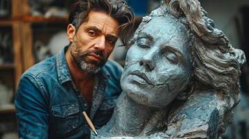männlich Bildhauer perfektionieren ein Lehm Skulptur im Kunst Studio foto