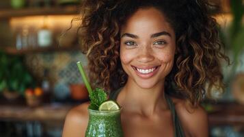 jung Frau lächelnd während Herstellung ein frisch Grün Smoothie foto