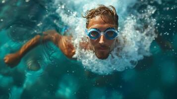 konzentriert männlich Schwimmer im Aktion unter klar Blau Wasser foto