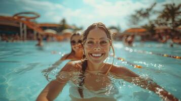 froh freunde genießen sonnig Tag beim draussen Schwimmbad foto