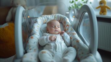 bezaubernd Neugeborene Baby friedlich Schlafen im ein Stubenwagen foto