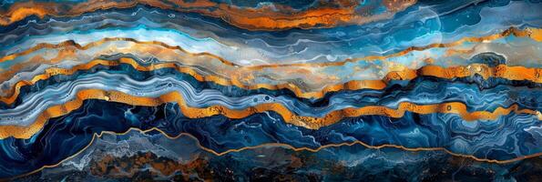 Blau Flüssigkeit Farbe Textur mit Gold Mineral Tinte, kreativ Regenbogen Stein Wasser nahtlos Muster Kunst foto