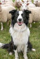 energisch Rand Collie Hündchen Hüten Schaf im üppig Weide ein Clever Arbeiten Hund foto