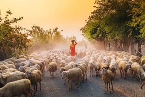 ein lokal Frau und ein groß Schaf Herde Rückkehr zu das Scheune im das Sonnenuntergang, nach ein Tag von Fütterung im das Berge im neunh Thuan Provinz, Vietnam. foto