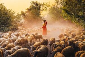 ein lokal Frau und ein groß Schaf Herde Rückkehr zu das Scheune im das Sonnenuntergang, nach ein Tag von Fütterung im das Berge im neunh Thuan Provinz, Vietnam. foto