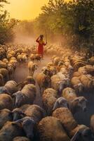 ein lokal Frau und ein groß Schaf Herde Rückkehr zu das Scheune im das Sonnenuntergang, nach ein Tag von Fütterung im das Berge im neunh Thuan Provinz, Vietnam. foto