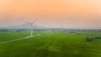 Aussicht von Turbine Grün Energie Elektrizität, Windmühle zum elektrisch Leistung Produktion, Wind Turbinen Erstellen Elektrizität auf Reis Feld beim Phan klingelte, neunh Thuan Provinz, Vietnam foto