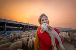 Vietnamesisch Frau mit Lamm auf ein Landschaft, ein Schaf Bauernhof im das Steppe Zone im neunh Thuan Provinz, Vietnam. foto