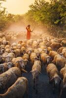 ein lokal Frau und ein groß Schaf Herde Rückkehr zu das Scheune im das Sonnenuntergang, nach ein Tag von Fütterung im das Berge im neunh Thuan Provinz, Vietnam. foto