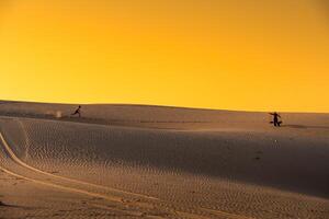 Antenne Aussicht von ein Bauer Frau trägt ein Bambus Rahmen auf das Schulter über Sand Dünen im neunh Thuan Provinz, Vietnam. es ist einer von das die meisten schön setzt im Vietnam foto