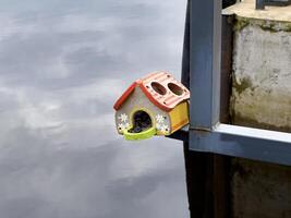 charmant handgemalt Vogelhaus befestigt zu ein Metall Geländer, mit Ruhe Wasser im das Hintergrund, symbolisieren städtisch Tierwelt Pflege foto