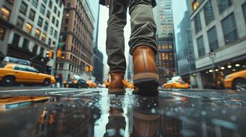 ein des Mannes Füße im Schuhe gehen entlang ein beschäftigt Straße im ein groß Stadt. neural Netzwerk foto