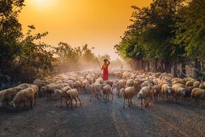 ein lokal Frau und ein groß Schaf Herde Rückkehr zu das Scheune im das Sonnenuntergang, nach ein Tag von Fütterung im das Berge im neunh Thuan Provinz, Vietnam. foto