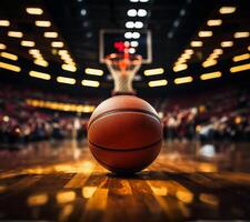 ein Basketball ist Lügen auf das Fußboden im Vorderseite von das Basketball Band. Basketball Arena mit Fans foto