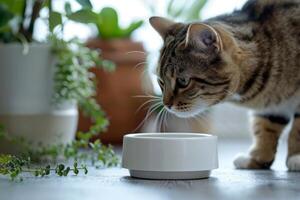 Kätzchen Katze Sitzung in der Nähe von das Schüssel von Haustier Lebensmittel. foto