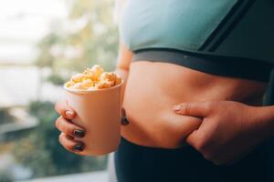 ein Frau halten ein Schüssel von Popcorn foto