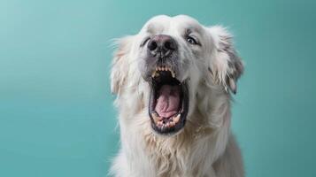 großartig Pyrenäen, wütend Hund entblößt es ist Zähne, Studio Beleuchtung Pastell- Hintergrund foto