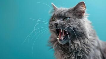 Nebelung, wütend Katze entblößt es ist Zähne, Studio Beleuchtung Pastell- Hintergrund foto