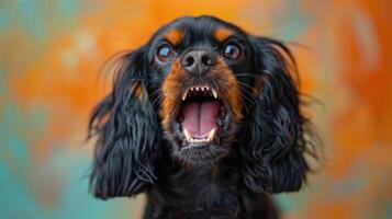 Cocker Spaniel, wütend Hund entblößt es ist Zähne, Studio Beleuchtung Pastell- Hintergrund foto