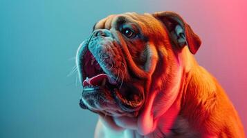 Bulldogge, wütend Hund entblößt es ist Zähne, Studio Beleuchtung Pastell- Hintergrund foto